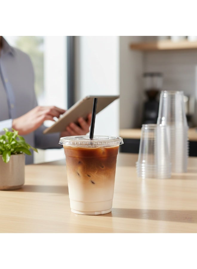 [عبوة من 50 قطعة] أكواب بلاستيكية شفافة سعة 12 أونصة مع أغطية مسطحة وقشات - أكواب شرب شفافة يمكن التخلص منها للقهوة المثلجة والمشروبات الباردة والميلك شيك والعصائر - Image 5